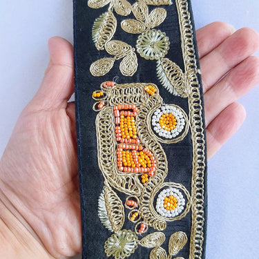 Beige / Sage Green / Black/ Blue Silk Trim With Intricate Gold Embroidered Flowers and Car with Orange And White Beads, Approx. 64mm wide
